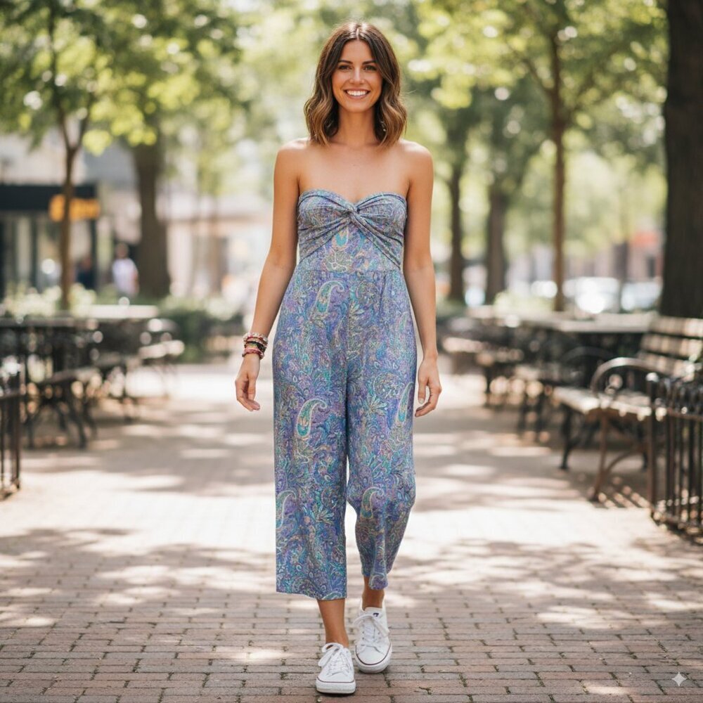 Lusana Melody Jumpsuit Blue Floral Size Small NWT